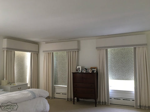 Minimalist Yet Elegant Drapery Panels & Cornices, Adorned with Schumacher Greek Key Trim. Layered with Flat Blackout Roller Shade. Designed by The Client & Fabricated by Curtain Couture.