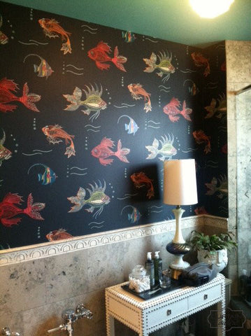 Whimsical & Vibrant Koi Fish Wallpaper from Osborne & Little. Wallpaper Installation by Curtain Couture.