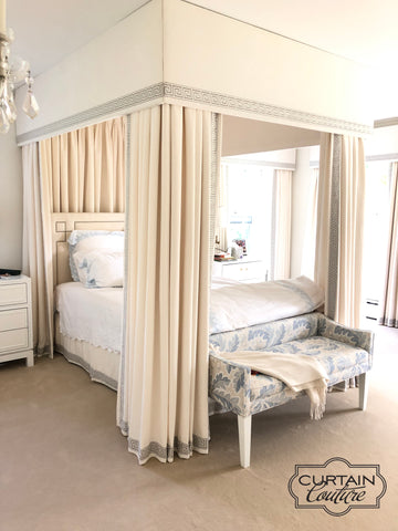 Total luxurious master bedroom! Bedroom canopy, drapery panels, bed skirt, and cornices decorated with Greek key trim. Designed by Client & fabricated by Curtain Couture.