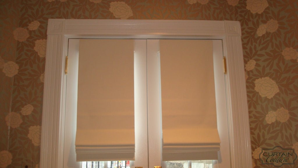 Blackout Roman Shades on French Door - Curtain Couture