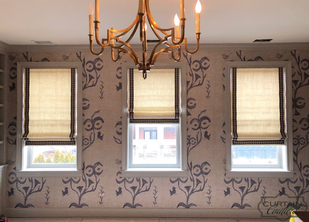 Classic Flat Roman Shade Accents with 3 Sided Decorative Tape Trims.  Fabricated by Curtain Couture.