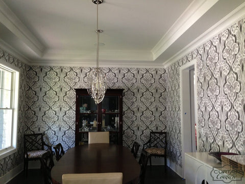 Elegant + Classic Wallpaper from JF Fabrics Accentuates the Dining Room. Wallpaper Installation by Curtain Couture.