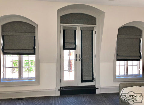 Arched Top Cornices designed by Curtain Curtain to coordinate with existing flat roman shades