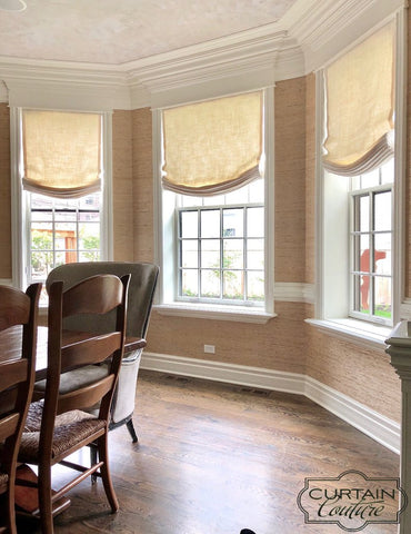 3 Relaxed Roman Shades in Bay Windows by Curtain Couture