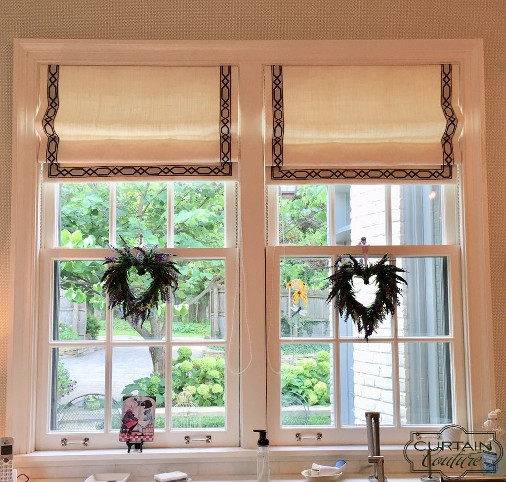 Over the Sink Contemporary Flat Roman Shades Accented with 3 Sided Decorative Tape Trims by M+M Interior Design & Curtain Couture