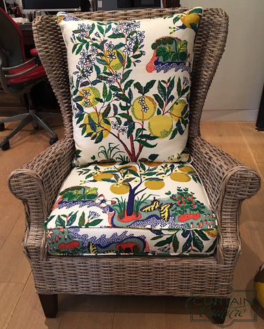 Reupholstered Wingback Wicker Chair Featuring Schumacher's Whimsical and Vibrant Citrus Garden by M+M Design & Curtain Couture