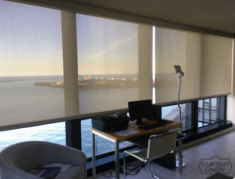 5 % Openness HunterDouglas roller shades installed by Curtain Couture for Lake Side Condo