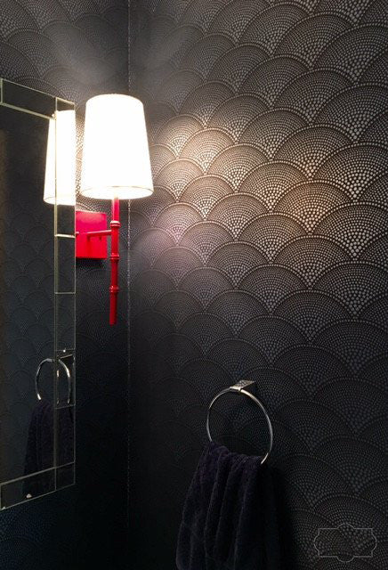Sultry Dark Seashell Wallpaper in Powder Room. Wallpaper Installation by Curtain Couture.
