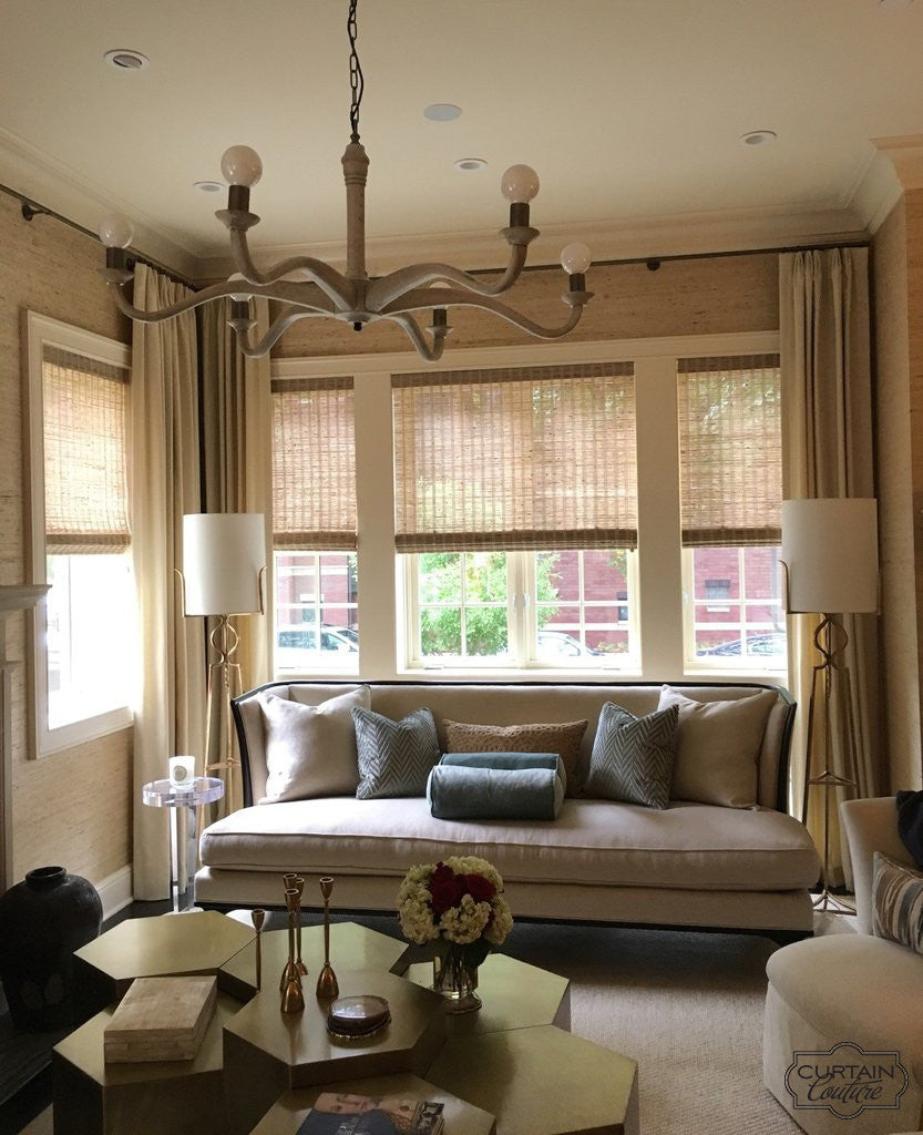 Stationary Panels + HunterDouglas Woven Wood Shade by Anthony Michaels Interiors & Curtain Couture