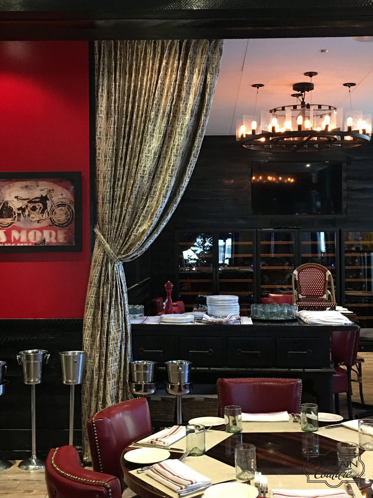 Decorative Panels and black Woodblinds for Mama's Boy restaurant in Downtown Chicago by Karen Santelli Designs & Curtain Couture