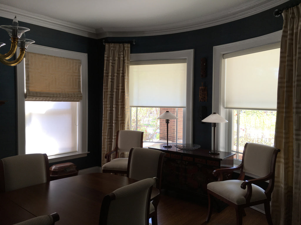 Combination of Roman Shade, Roller shades and Stationary Panels