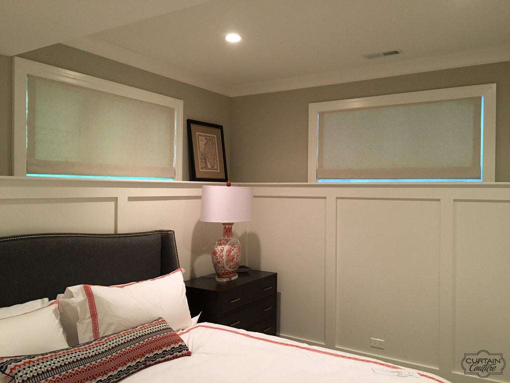 Functional Shades for Lower level Bedroom by Curtain Couture
