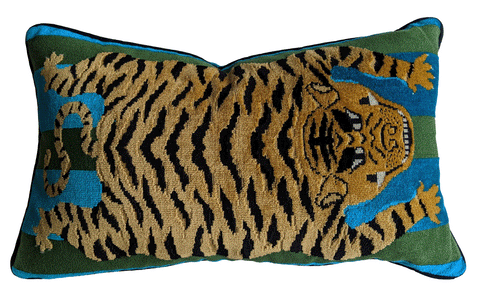 Schumacher Jokhang Tiger Custom Pillow 20" Lumbar Pillow in Blue and Green